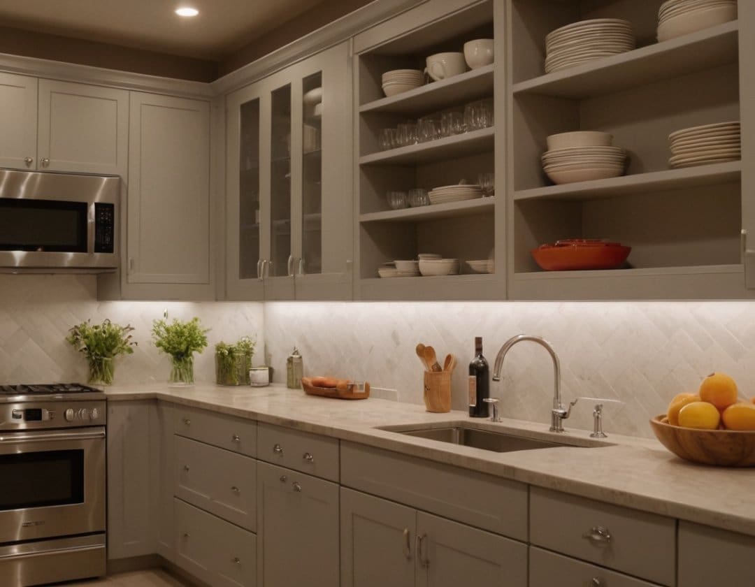 Custom gray shaker kitchen cabinets with glass-front uppers, open plate shelves, and large drawers