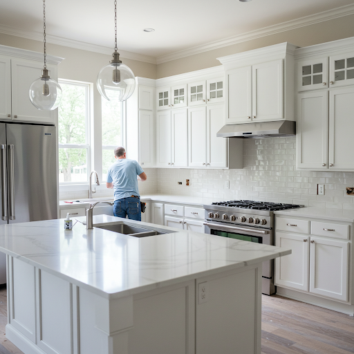 Home remodeling contractors. Electrician working in baker kitchen