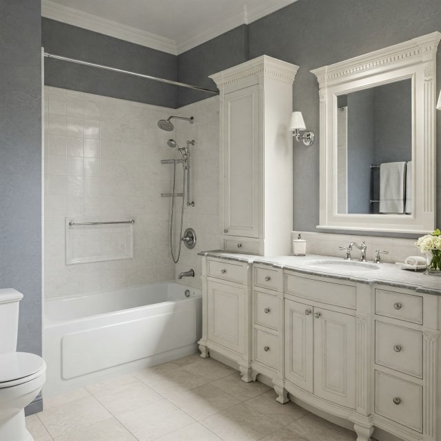 Image of a midsize full bathroom in mostly white and grey colors. Bathroom remodelers in your area, bathroom installation contractors