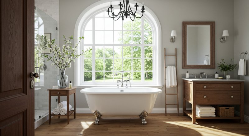 Luxurious master bath with shower to left, soaking tub center and freestanding vanity to right