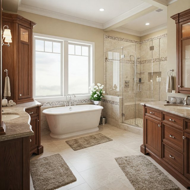 Large master bathroom with cabinets on both sides, soaking tub in front of windows and walk in shower