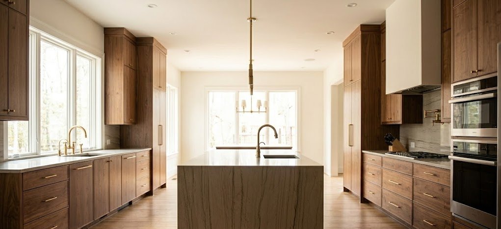 Custom wood kitchen with full-height pantry cabinets and a stone waterfall island