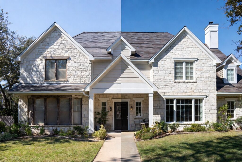 Before and after custom window installation on luxury home exterior in Spring Texas