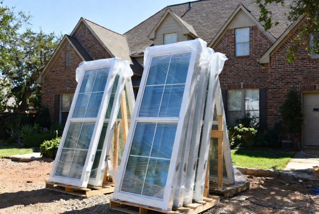 Small stack of custom windows wrapped in protective plastic ready for professional installation