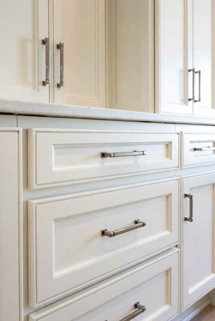 Premium white painted custom kitchen cabinets with elegant hardware and marble countertop