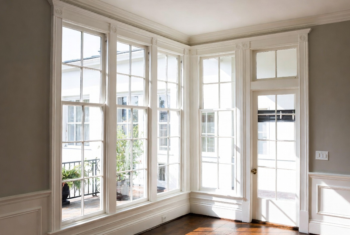 Elegant custom windows with white trim and painted cabinetry integration in upscale home