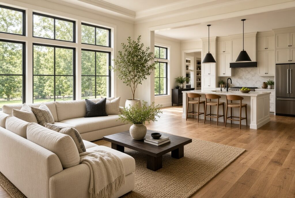 Living space flooded with light, showing quality windows + trim