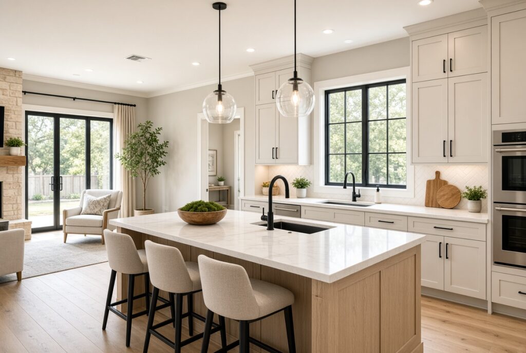 Kitchen or living area where windows clearly match the cabinetry and overall remodel