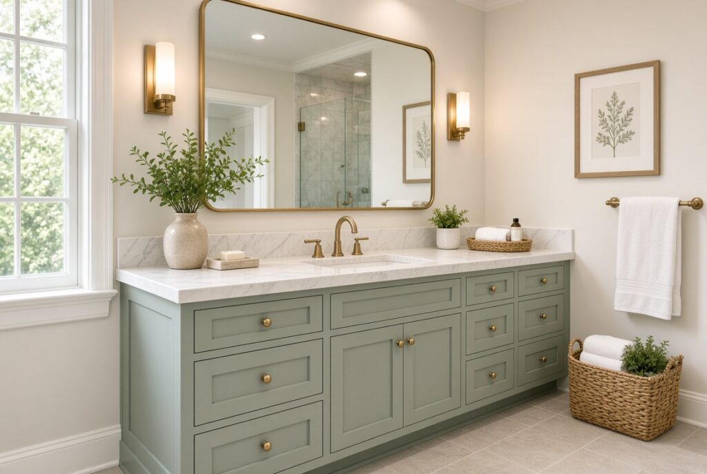 Custom cabinets in rich neutral green with end panels and inset details