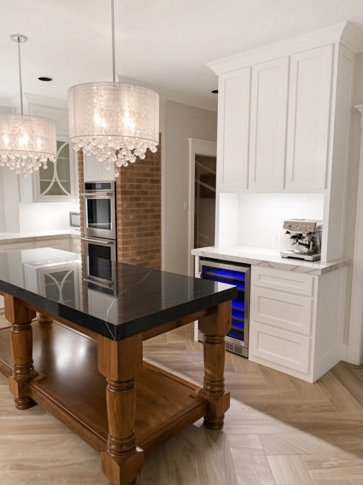 Kitchen remodel coffee bar with wine cooler, custom island, and crystal pendant lights