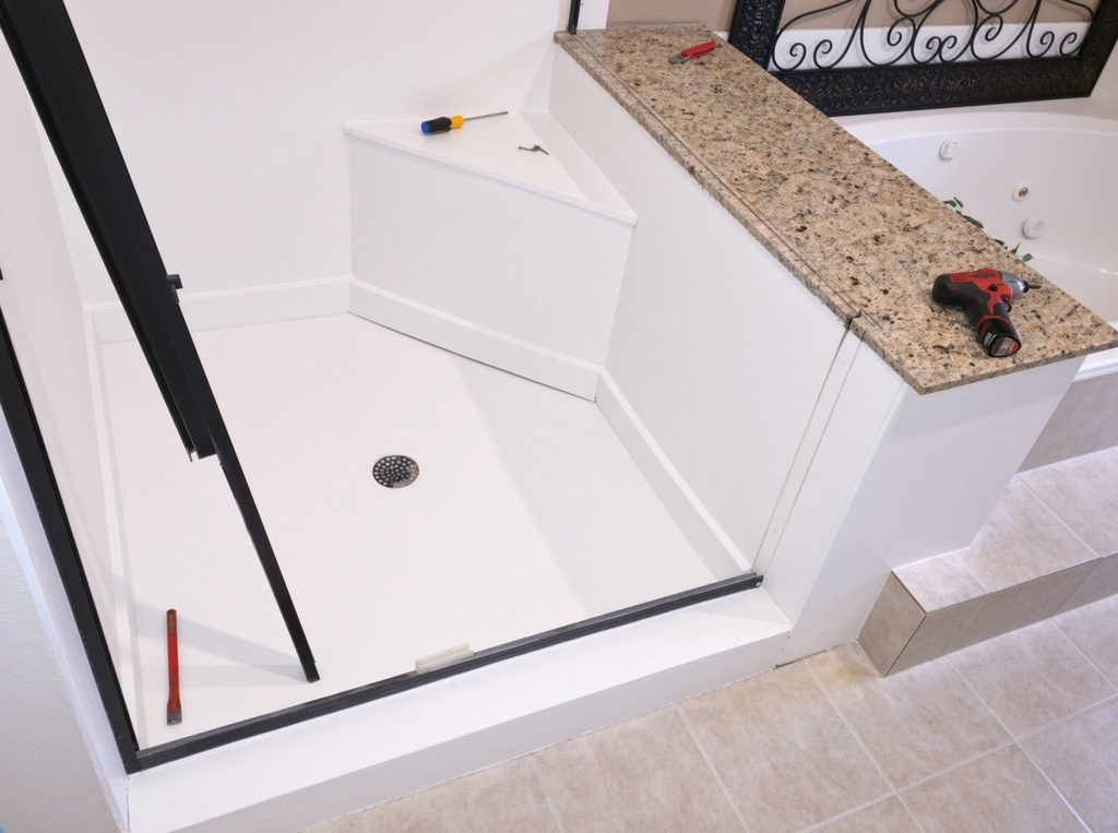 Master bathroom shower remodel Spring TX — Old shower pan prior to demo.  