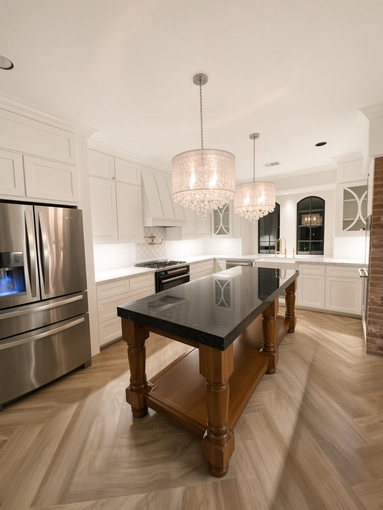 Finished kitchen remodel with white ceiling-height cabinets, custom wood island, and herringbone floors