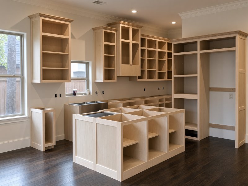 Unpainted paint-grade cabinet boxes and maple face frames during install