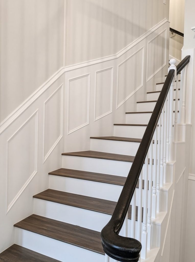 Custom stair wainscoting with raised panels