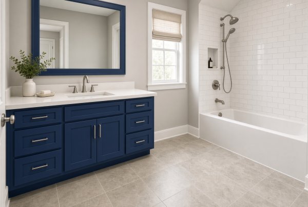 Navy custom bathroom vanity and tub shower in a Spring TX hall bath