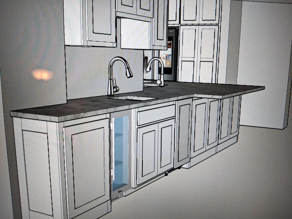 3D drawing of the beverage fridge and secondary sink wall.