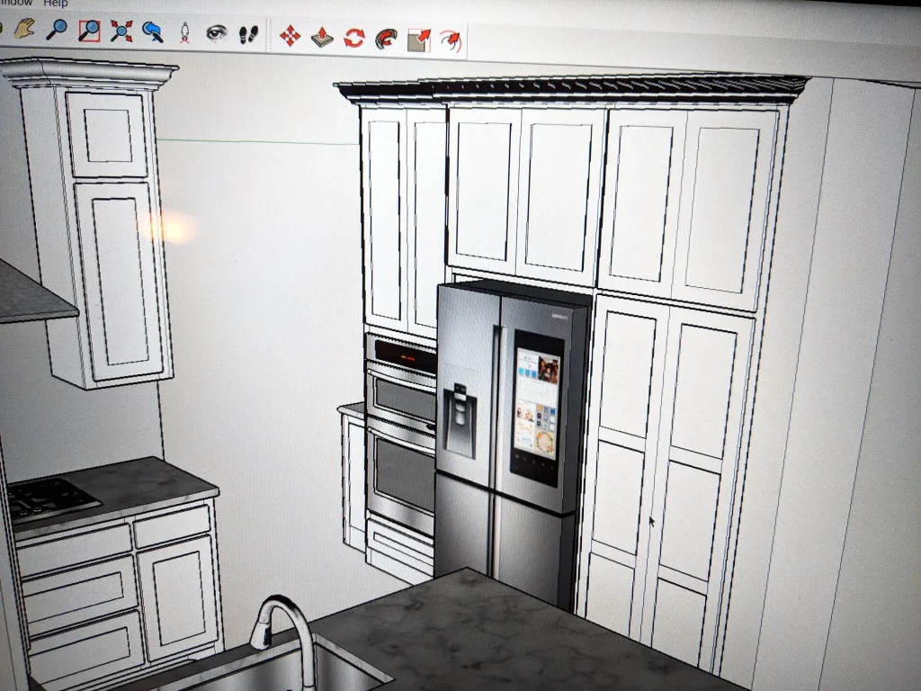 3D drawing of the Spring TX kitchen fridge and pantry wall.