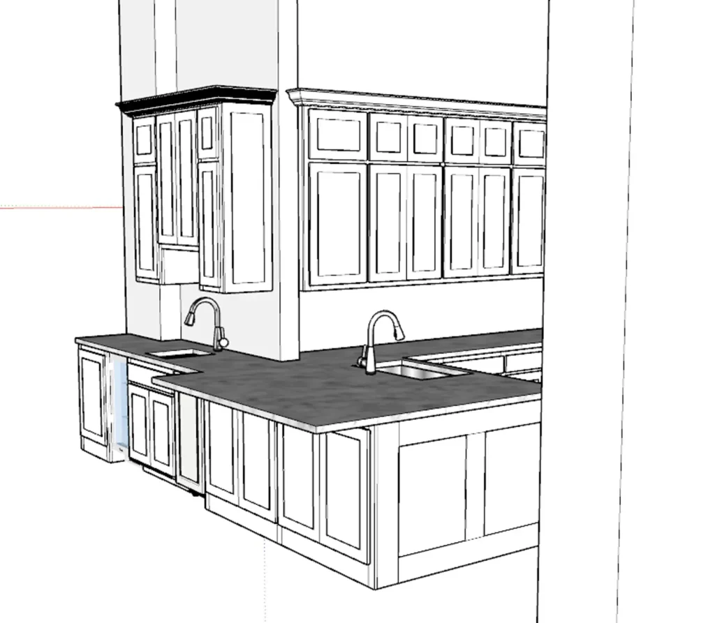 3D drawing of the Spring TX kitchen from the doorway, same view as the finished island and upper cabinets.