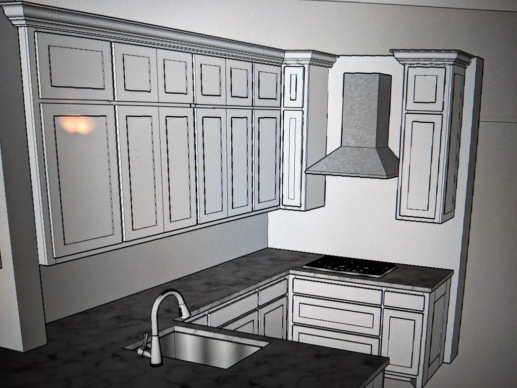3D drawing of the cooking work area and range wall.
