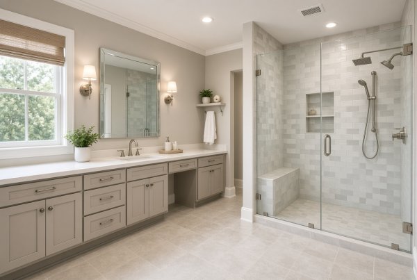 Primary bathroom remodel with custom vanity and glass shower