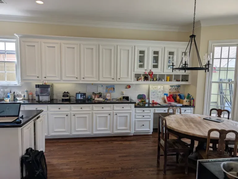 Before: built-in desk next to the breakfast nook in a West University Place kitchen, later turned into a pet center